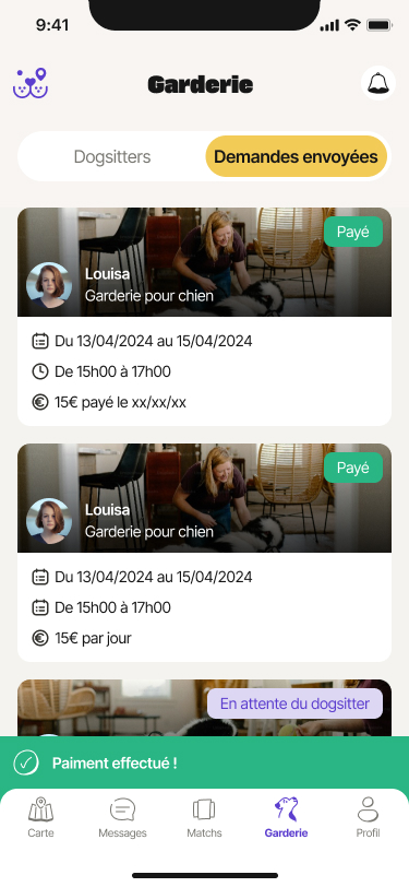 Capture d'écran de l'application Nos Chiens et Nous - Demandes de garderie envoyées